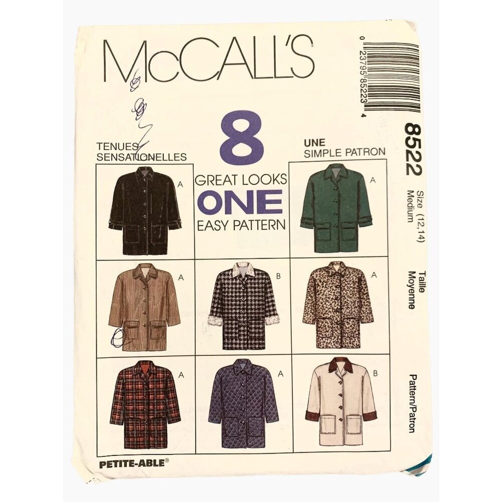 McCall's 8522 Pattern Women's Lined Jacket Loose Uncut Size 12 14